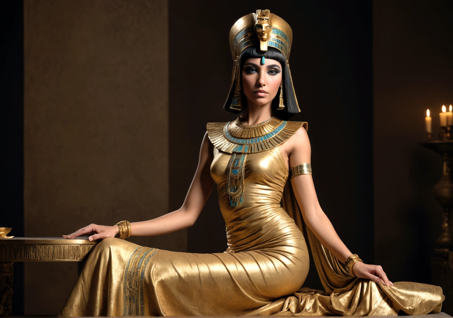 Cleopatra in a golden dress on a table