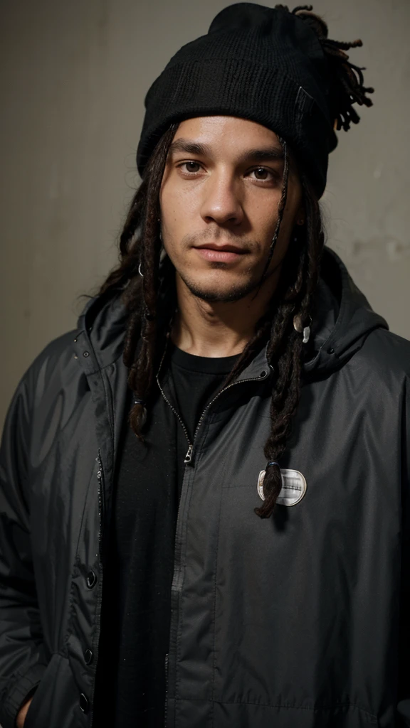a white man with black dreadlocks, facing backwards, wearing a black beanie with a chin full of hair, dressed in a waterproof jacket, looking straight at the camera, ID photo

