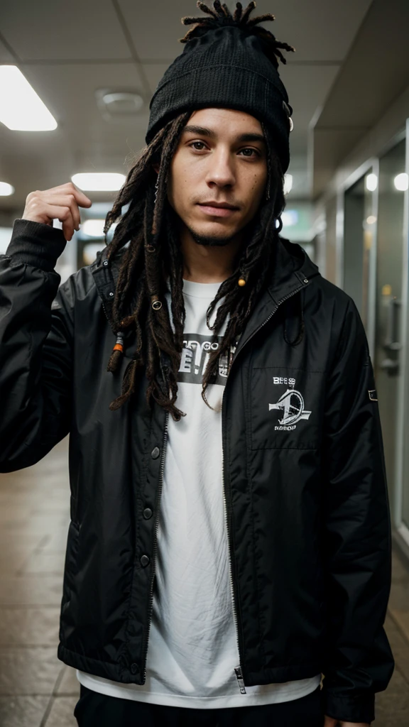 a white man with black dreadlocks, facing backwards, wearing a black beanie with a chin full of hair, dressed in a waterproof jacket, looking straight at the camera, ID photo