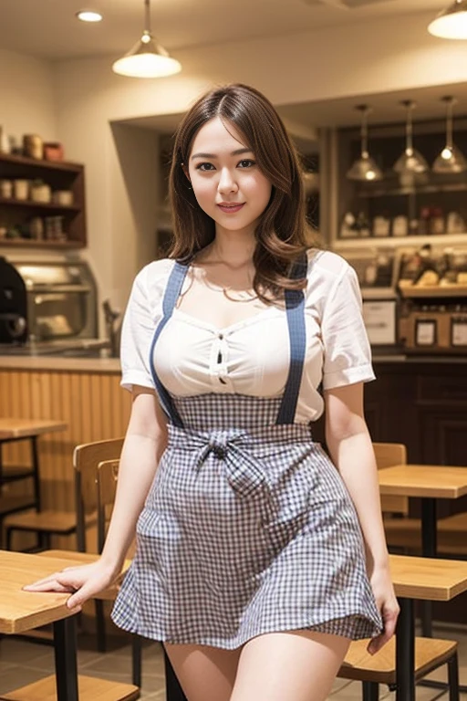 ooki masterpiece、Highest quality、Ultra-high resolution、(Photorealistic:1.6)、1 girl、(Long Hair:1.5)、(round face:1.3)、(Gingham check suspender apron:1.3)、(Plain blue high waist skirt:1.3)、(Apron skirt:1.2)、(White blouse:1.3)、(Double-breasted、Underbust:1.2)、Short sleeve、Button Gap、(Plump body:1.2)、(Smooth Skin:1.1)、Dynamic pose、(chest:1.2)、Cafe、restaurant、Red lipstick、Disheveled Hair、Spreading her legs、((Thighs))、White high heels、Are standing、