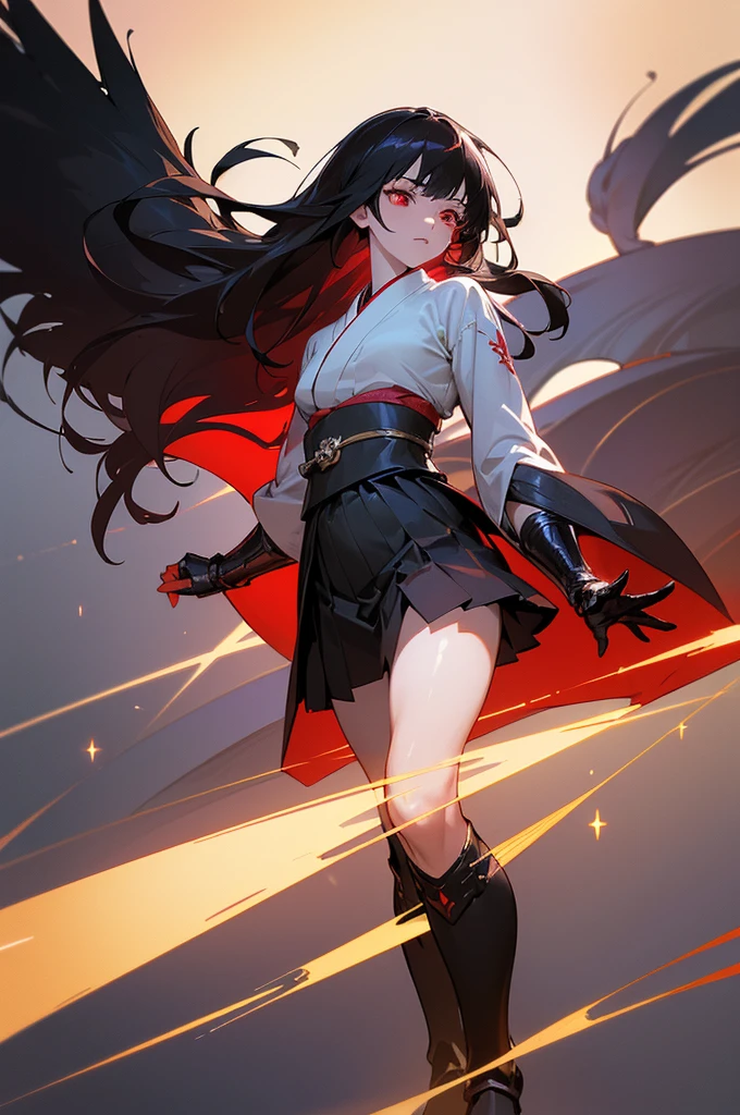 Anime, Girl, (((1girl))), (((Waifu, Raven Branwen, Raven Branwen Waifu))), (((Black Hair, Messy Hair))), ((Crimson Red Eyes eyes: 1.3, Upturned Eyes: 1, Perfect Eyes, Beautiful Detailed Eyes, Gradient eyes: 1, Finely Detailed Beautiful Eyes: 1, Symmetrical Eyes: 1, Big Highlight On Eyes: 1.2)), (((Lustrous Skin: 1.5, Bright Skin: 1.5, Skin Fair, Shiny Skin, Very Shiny Skin, Shiny Body, Plastic Glitter Skin, Exaggerated Shiny Skin, Illuminated Skin))), (Detailed Body, (Detailed Face)), Young, Lolita, (Best Quality), (((Bicep-high Gauntlets, Armored Boots, Thigh-high Heeled Boots, Armored Gauntlets))), (((Battle Kimono))), (((Skirt))), High Resolution, Sharp Focus, Ultra Detailed, Extremely Detailed, Extremely High Quality Artwork, (Realistic, Photorealistic: 1.37), 8k_Wallpaper, (Extremely Detailed CG 8k), (Very Fine 8K CG), ((Hyper Super Ultra Detailed Perfect Piece)), (((Flawless masterpiece))), Illustration, Vibrant Colors, (Intricate), High Contrast, Selective Lighting, Double Exposure, HDR (High Dynamic Range), Post-processing, Background Blur
