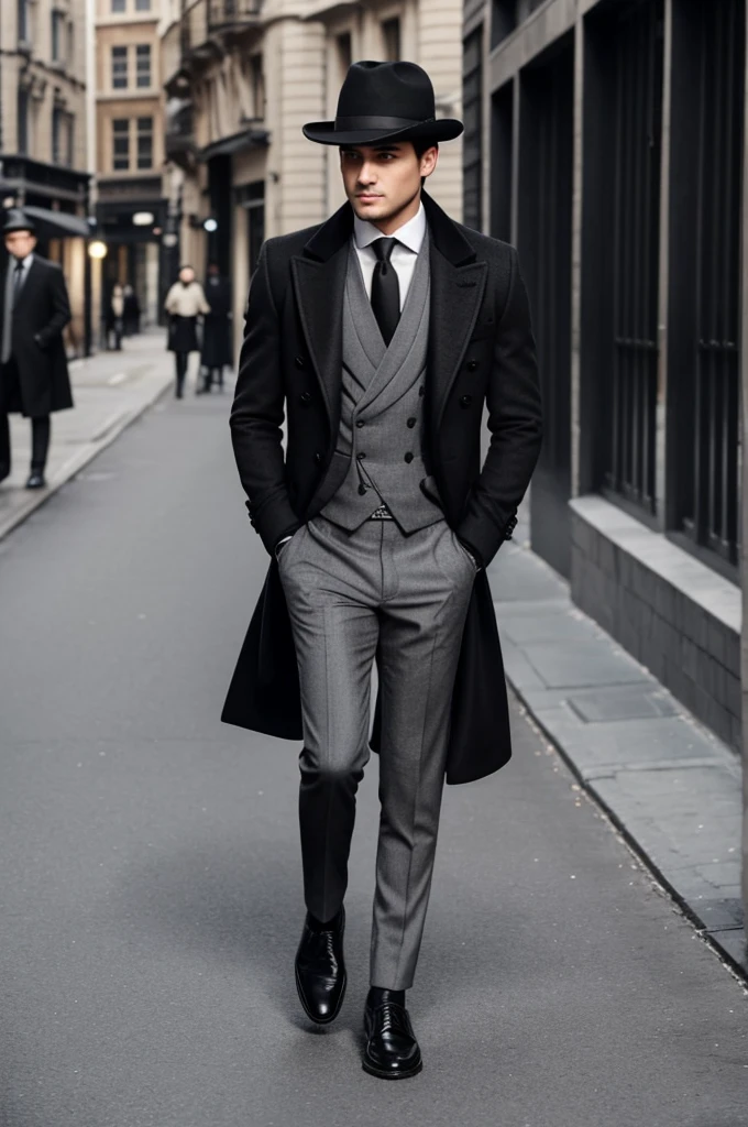 I boast a flow haircut parted in the middle, dark brown eyes, tall and slim. I wear a black overcoat with a grey waistcoat and a white shirt along with a black tie. I wear grey trouser and black shoes. I usually wear grey fedora along with black gloves and my pocketwatch.