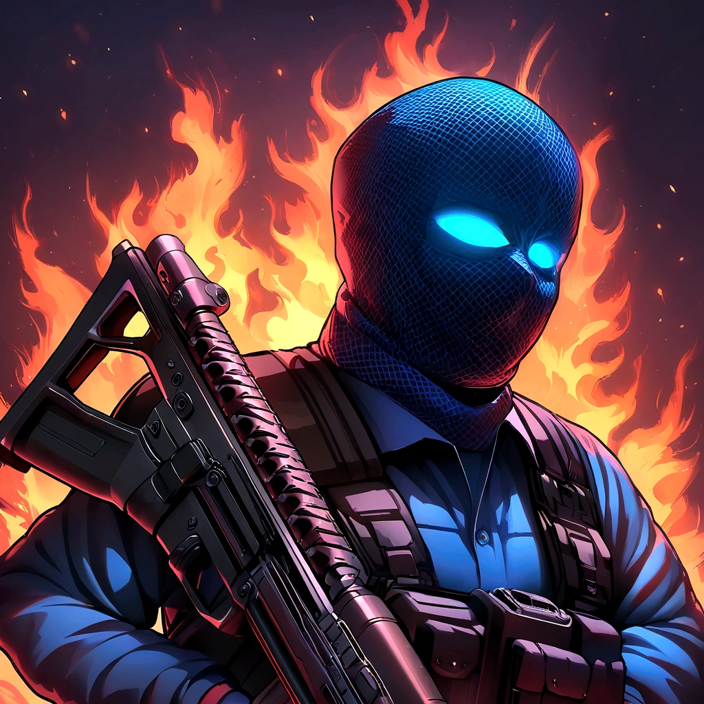 Skull-faced police officer wearing a balaclava, bright and burning eyes, holding super crafted weapons, super realistic weapons, super detailed weapon, original armament, official armament, Assault rifle weaponry with all realistic details, penitentiary fund on fire, ultra-detailed background, Biomechanics, weirdcore, apavorante, nightmarish, very bright colors, Light particles, with bright light, Mshiff, wallpaper art, hard line, ultra line, bold line, UHD Wallpaper, fluorescent image, without double faces, No error.