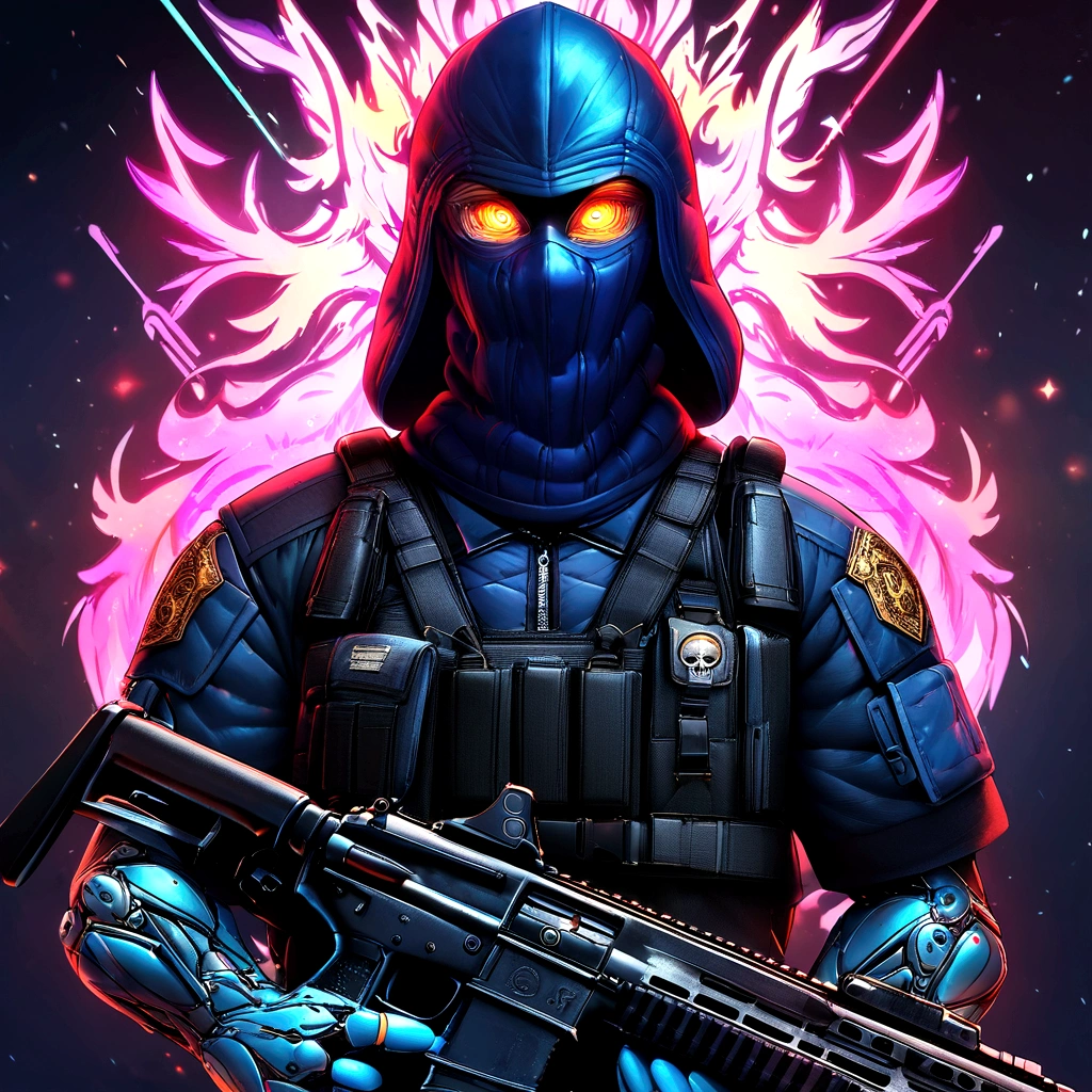 Skull-faced police officer wearing a balaclava, bright and burning eyes, holding super crafted weapons, super realistic weapons, super detailed weapon, original armament, official armament, Assault rifle weaponry with all realistic details, penitentiary fund on fire, ultra-detailed background, Biomechanics, weirdcore, apavorante, nightmarish, very bright colors, Light particles, with bright light, Mshiff, wallpaper art, hard line, ultra line, bold line, UHD Wallpaper, fluorescent image, without double faces, No error.
