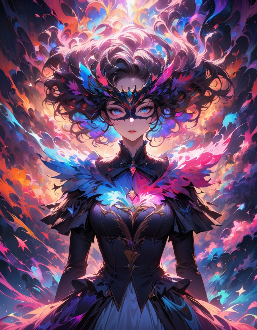 (Best quality,4K,A high resolution,masterpiece:1.2, psychedelic art1.5),detailed,realistic,Beautiful girl,beautiful lady uniform,mesmerizing eyes,Psychedelic hair,fine features,elegant pose,Elaborate Dress,unearthly beauty,glowing aura,eye mask,fantastic atmosphere,soft lighting,bright colors