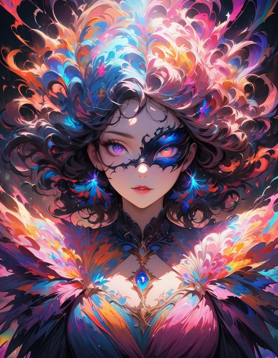 (Best quality,4K,A high resolution,masterpiece:1.2, psychedelic art1.5),detailed,realistic,Beautiful girl,beautiful lady uniform,mesmerizing eyes,Psychedelic hair,fine features,elegant pose,Elaborate Dress,unearthly beauty,glowing aura,eye mask,fantastic atmosphere,soft lighting,bright colors