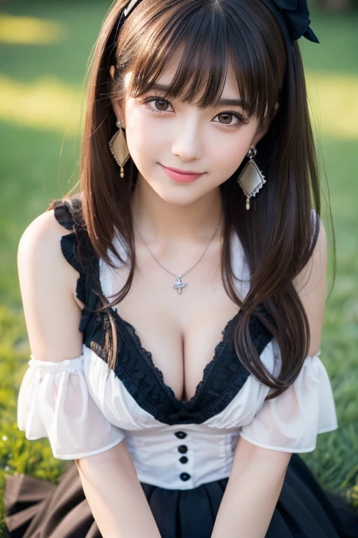 girl, White skin, ((Dark brown short tiered hair)), V cut with layers and bangs, Brown eyes, Soft atmosphere characteristics (Highest quality, Ultra-high resolution, 8K, RAW Photos, Ultra-high resolution: 1.2, masterpiece: 1.3), (Realistic, Realistic: 1.37), Very detailed, Professional Lighting, Photon Mapping, Radio City, Physically Based Rendering, One Girl, (high school girl), Sharp focus:1.2、Beautiful woman:1.4,cute, Nice, Adorable, smile, Normal chest, necklace、(Cleavage)、Gothic ta Fashion、Earrings、Sitting on the grass and looking back、