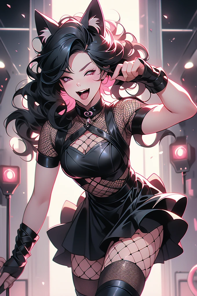 biker girl, cat ears, low cat tail, black hair, pink eyes, rock concert, showing v sign with hand, tongue out, playful, one eye closed, slender, sinuous, fishnet top, black skirt, black boots