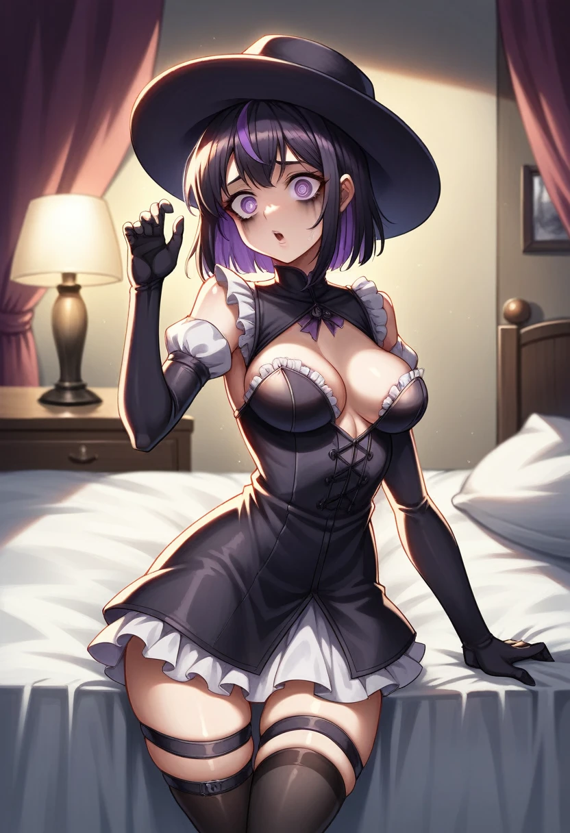 (masterpiece), (high quality), (4K Quality), (detailed drawings), (perfect illustration), (anime style), (absurdres), (newest), (recent), (mid), ((cowboy shot)), ((no hat:1.3)), source_anime
1girl, solo, black medium hair shoulder length, (shiny hair:1.2), Two-tone hair(black and purple), lavender eyes, swirly eyes, purple eyebrows, goth makeup,
tripping over bed, shock, (expressive face), panic, blush, wide-eyed,
black elbow gloves, revealing chest level frilled black-white dress, revealing cleavage, thigh-highs, thigh strap,
dim lights, room, bedroom, (bed), detailed background