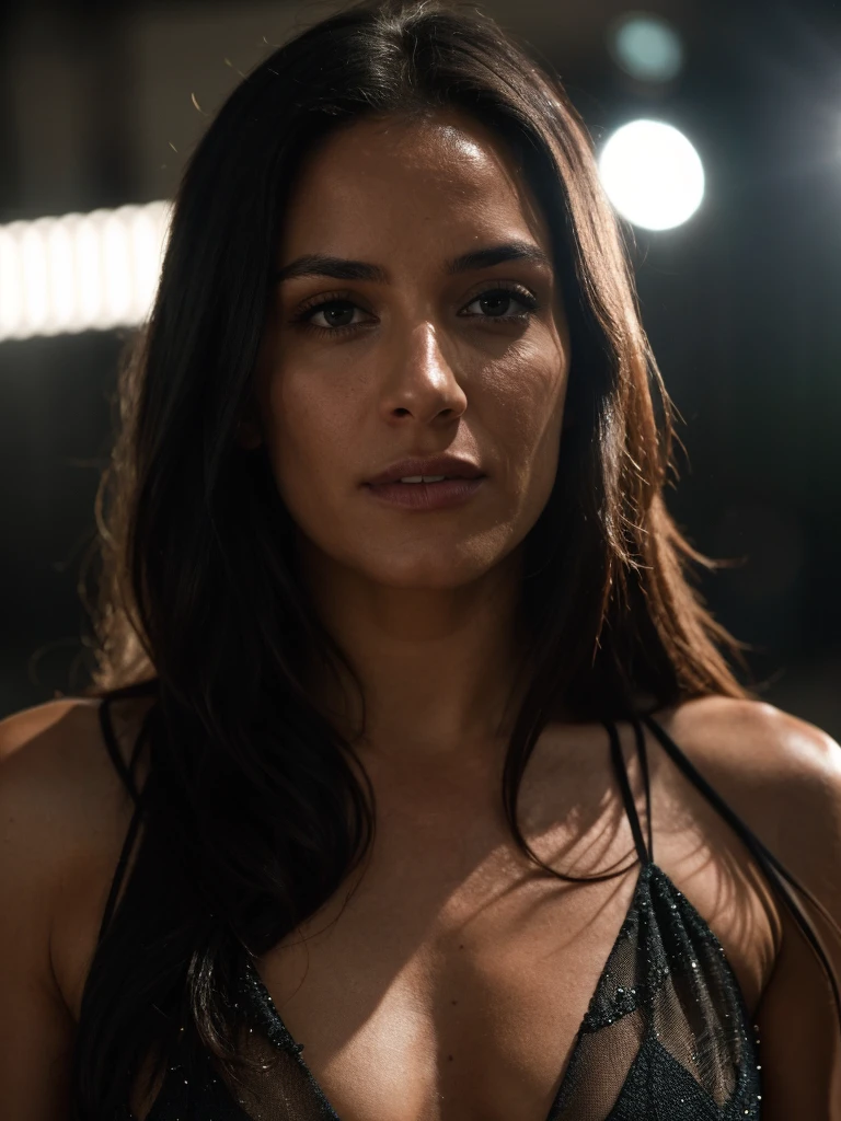cinematic film still realistic, photorealistic, award winning photo , Long Shot,Face of a very beautiful 30 years old Latin woman with long black hair, athletic body, Looking at the viewer with a penetrating and seductive gaze cinematic shot + dynamic composition, incredibly detailed, sharpen, details + intricate detail + professional lighting, film lighting + 35mm + anamorphic + lightroom + cinematography + bokeh + lens flare + film grain + HDR10 + 8K + Roger Deakins, ((cinematic)) . shallow depth of field, vignette, highly detailed, high budget Hollywood movie, bokeh, cinemascope, moody, epic, gorgeous, film grain, grainy