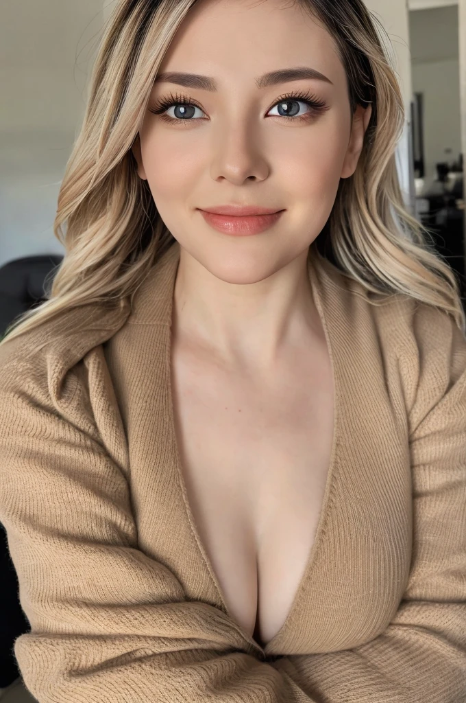 ((Best quality, 8k, Masterpiece :1.3)), Sharp focus :1.2, A pretty girl 24 years old with perfect figure :1.4, Slender abs :1.3, Raw photography、超A high resolution, full body, Ultra High Definition, (Photorealistic:1.4), Detailed Photo, Smiling, Sexy, Facing Camera, Close-up , (Photorealistic), (1girl), Beautiful Face, (Realistic Face),Beautiful Hairstyle, Realistic eyes, beautiful detail eyes, (realistic skin), beautiful skin, (sweater), absurd, attractive, ultra high resolution, ultra realistic, high definition, golden ratio,Good hands、10、high-reaster-piece、highest quality、head:1.3、((Hasselblad photo))、Fine Skin、crisp focus、(Light like a movie)、gentle lighting、Dynamic Ungle、[:(detailed face:1.2):0.2]、
Negative Pro,  Highly detailed face and skin texture, Detailed eyes, Double eyelid,masterpiece,super fine eyes,super fine hand, face zoom, perfect makeup,(Huge breasts that look like they might burst:1.1)