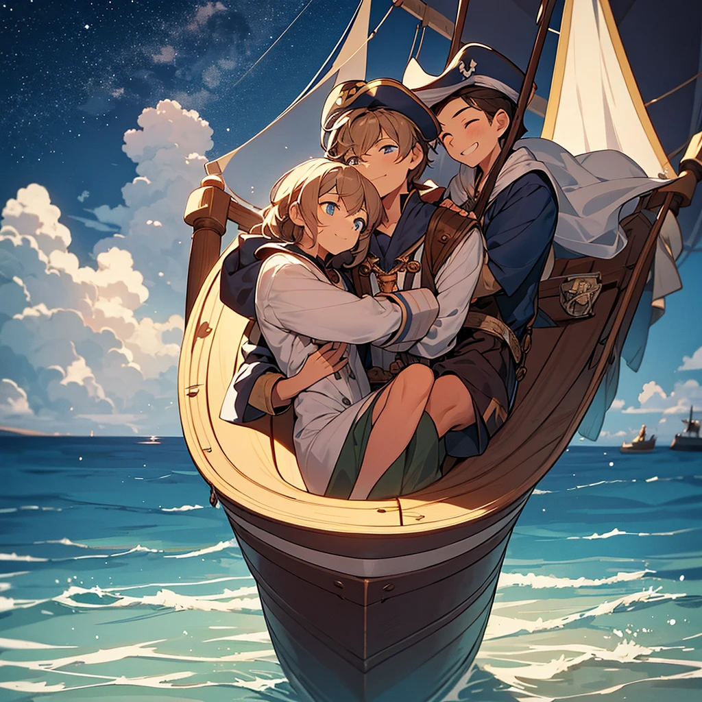 "On the bow of a pirate ship, under a peaceful starry sky, The two brothers, Thomas e Sofia, both 10 years old, are hugging affectionately with their uncle Captain Bluebeard. Thomas, with a proud smile, look at Sofia, as she looks towards the horizon with an expression of wonder and courage. The calm sea reflects the full moon, creating a serene and welcoming scene."