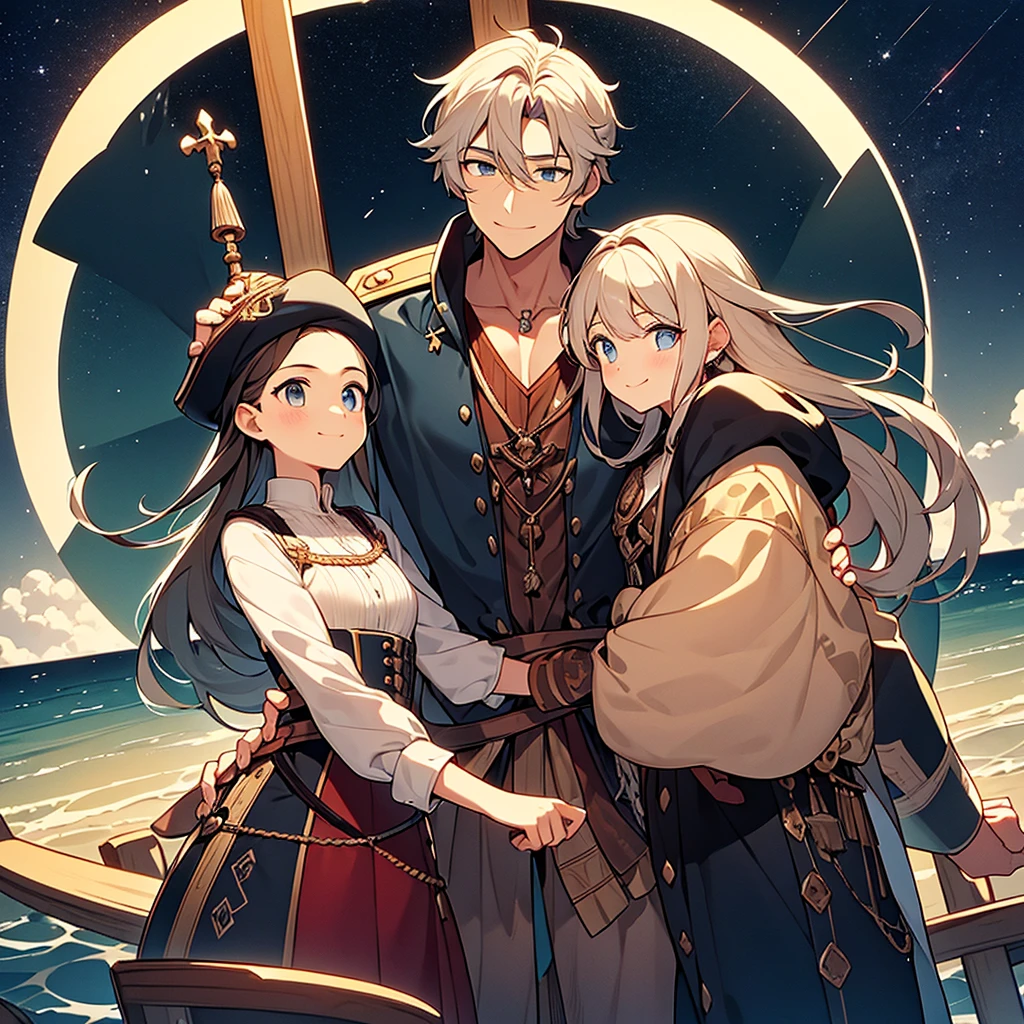 "On the bow of a pirate ship, under a peaceful starry sky, The two brothers, Thomas e Sofia, both 10 years old, are hugging affectionately with their uncle Captain Bluebeard. Thomas, with a proud smile, look at Sofia, as she looks towards the horizon with an expression of wonder and courage. The calm sea reflects the full moon, creating a serene and welcoming scene."