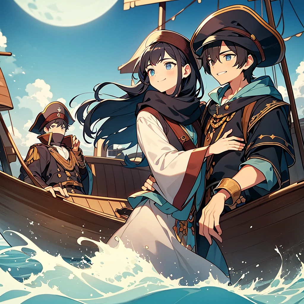 "On the bow of a pirate ship, under a peaceful starry sky, The two brothers, Thomas e Sofia, both 10 years old, are hugging affectionately with their uncle Captain Bluebeard. Thomas, with a proud smile, look at Sofia, as she looks towards the horizon with an expression of wonder and courage. The calm sea reflects the full moon, creating a serene and welcoming scene."