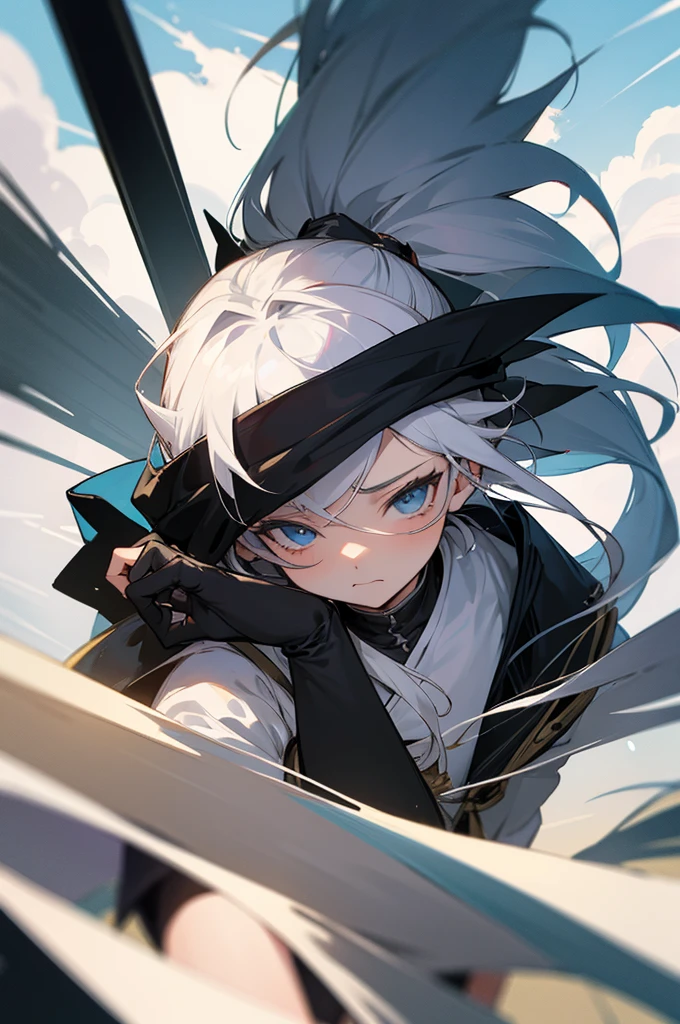 masterpiece, best quality, daytime, surrounded by teenage beautiful girls, sky, comic, bust, anime style, male, solo, mid to long hair, white hair, crossed bangs, disheveled hair, short_ponytail, naughty_face, robe, black blindfold, half gloves , pantale