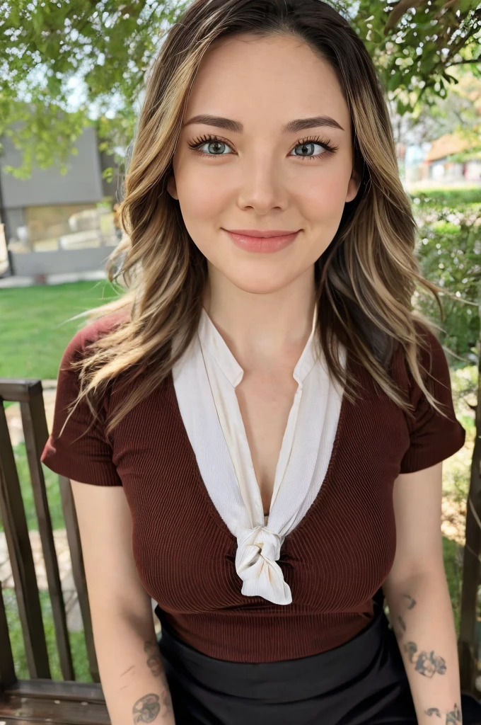 ((highest quality, 8K, masterpiece:1.3)), concentrated:1.2, Perfect body beauty:1.4, Hips:1.2, ((Delicate Hair)), (A fashionable summer T-shirt with a colorful irregular neckline, back tie and slim fit.、 :1.1) , ((highest quality、8K、masterpiece:1.3))、1 Girl、A sloppy smile、Esbian all over、Slim face、Big 、Beautiful woman、(Dark Brown Hair)、、1.1、Flickering Valley、Detailed eyes、double eyelid、Blurred Background、超Slim face、Looking down、garden、