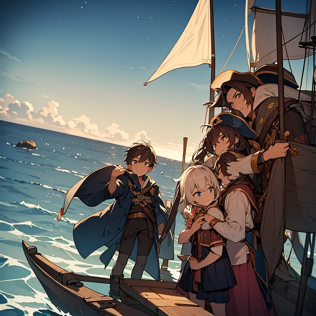 "On the bow of a pirate ship, under a peaceful starry sky, The two brothers, Thomas e Sofia, both 10 years old, are hugging affectionately with their uncle Captain Bluebeard. Thomas, with a proud smile, look at Sofia, as she looks towards the horizon with an expression of wonder and courage. The calm sea reflects the full moon, creating a serene and welcoming scene."