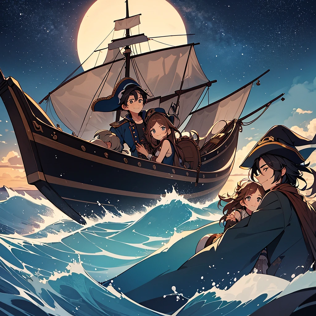 "On the bow of a pirate ship, under a peaceful starry sky, The two brothers, Thomas e Sofia, both 10 years old, are hugging affectionately with their uncle Captain Bluebeard. Thomas, with a proud smile, look at Sofia, as she looks towards the horizon with an expression of wonder and courage. The calm sea reflects the full moon, creating a serene and welcoming scene."