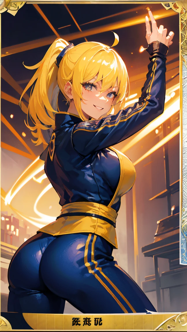 (1 mature female ninja,Age 35), ((Pub,guild)),(smile),Dynamic pose,Dynamic Angle,Pose for a photo,From below,Elderly woman、Trading Card Game Frames、Highest Rare、Five Fingers、Signature mark、Big Butt、Yellow Hair、Fighting Pose、Ninja costume