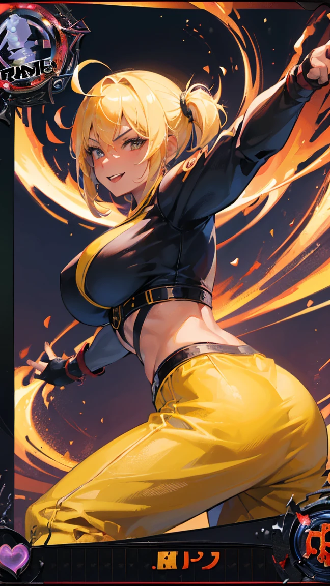 (1 mature female ninja,Age 35), ((Pub,guild)),(smile),Dynamic pose,Dynamic Angle,Pose for a photo,From below,Elderly woman、Trading Card Game Frames、Highest Rare、Five Fingers、Signature mark、Big Butt、Yellow Hair、Fighting Pose、Ninja costume
