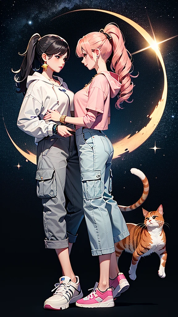 (((Holding a cute orange bantam cat in both hands))),((Highest quality,masterpiece,Full body front view of a mature beauty with big breasts,Air bangs,Blue gray high ponytail super long straight hair,Slightly curly hair on double sideburns,Hair ends curled in,Gray and pink short T-shirt,Light blue denim gray hooded jacket,Black and gray long and wide cargo pants,Pink and white sneakers)),Simple, small and exquisite round necklace,Little star earrings,Wearing a very thin gold bracelet on the right hand,starry sky galaxy background,Look at the camera
