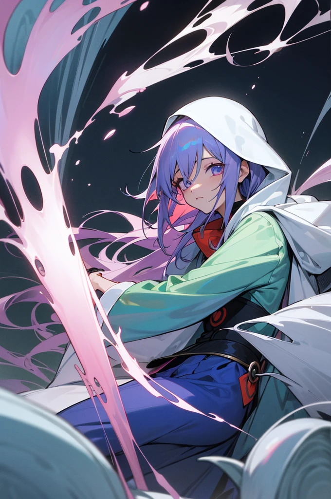 (um personagem adulto de anime tensei shitara slime) Rimuru Tempest, com olhos proeminentes e penetrantes de um (((vermelho escarlate))), who exude an aura of cold determination and a sharp intelligence, (hair is heavenly light blue), fluindo e boca suave e neutra, olhar frio, reflecting an unshakable personality and indomitable spirit, The white hood that covers the character's head adds a touch of mystery and nobility., complementing its enigmatic and powerful presence, personagem completo, ((( forest setting ))), pele branca, Highly detailed scenery, (using white sheet)