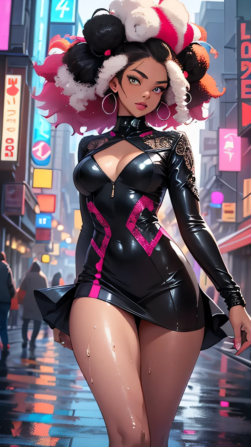 girl spacepunk,(((1girl))),((cute and beautiful afro haired girl)),((((black race)))), (large breasts:1.4),saggy breasts,((((hot pink afro hair:1.35,((afro hair:1.35)),afrohair,afro:1.35,dark hair,black hair,Double hair bun:1.3)))),medium hair,((heterochromia:1.5, (yellow_eye and red_eye))),intricate eyes,beautiful detailed eyes,symmetrical eyes,((fat)),((((tan,dark skin,black skin:1.35,dark-skinned_female,dark skin:1.3,ebony skin,lustrous skin:1.5,bright skin: 1.5,shiny skin,very shiny skin,shiny body,illuminated skin,wet legs)))),(spider lower abdomen,narrow waist,wide hip,athletic body,inflated legs),(((detailed face))), cute,slutty,sensual,seductive look,seductive,erotic,enchanting,((nsfw)), revealing clothing,show skin,(((neon green fishnet dress))),((slave collar)),(((wet clothes,intricate outfit,intricate clothes))), (dynamic pose:1.0),solo focus,embarrassed,(centered,scale to fit dimensions,Rule of thirds), cyberpunk city by the ocean at night, with bright neon signs and dark stormy clouds and puddles, scenery:1.25, artistic photography,(photography taken by sldr),highres, sharp focus, (ultra detailed, extremely detailed), (photorealistic artwork:1.37),(extremely detailed CG unity 8k wallpaper),((synthwave background theme)),(((vibrant colors))),(intricate background),(masterpiece),(best quality),