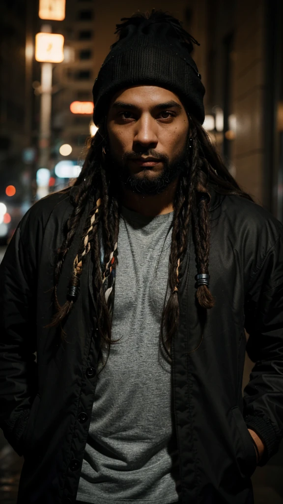 a man with long dreadlocks, wearing a black beanie, full beard, looking straight at the camera, waterproof jacket, photo-realistic, highly detailed, cinematic lighting, dramatic contrast, warm color tones