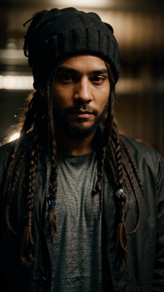 a man with long dreadlocks, wearing a black beanie, full beard, looking straight at the camera, waterproof jacket, photo-realistic, highly detailed, cinematic lighting, dramatic contrast, warm color tones