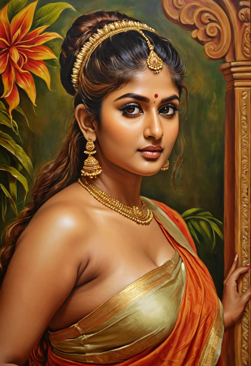 Looks like Nayanthara, exotic Indian art, inspired by oviyar maruthi style painting, inspired by mohanan manimala, Full figured beautiful woman, Apsara, Masterpiece, Beautiful Thick Woman, Best quality, high clarity eyes, critically flawless,sharp picture, Full portrait, High pixels, perfect face, perfect eyes, beautiful face, perfect hands,perfect fingers, in Peter Paul Rubens style, by Peter Paul Rubens, baroque style, acrylic on canvas, highly detailed, description: "Create a nymph inspired by the tales of Greek or Roman mythology, embodying the essence of a natural element or location, and possessing a unique ability or trait that sets her apart."