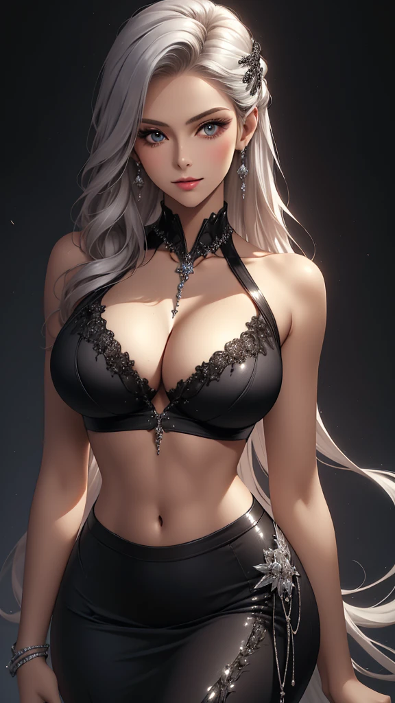 Best quality, masterpiece, realistic, Beautiful sexy cool tall, slim, fit woman, wearing fancy silver-white-black sequin top, sexy midriff, intricate and highly detailed, cleavage, long silver hair, body chain, jewelry.