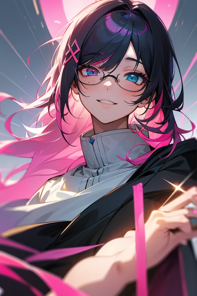 , ultra detailed, masterpiece, Golden ratio, (solo:1.3), smile, 1boy, Otoko no ko,trap, (heterochromia, blue eyes, pink eyes:1.3), mole under eye, eyelashes, glasses, medium hair, multicolored hair, pink hair, black hair, long sidelocks, bangs, hair flaps, side braid, hair between eyes, flipped hair, x hair ornament, layered clothes,