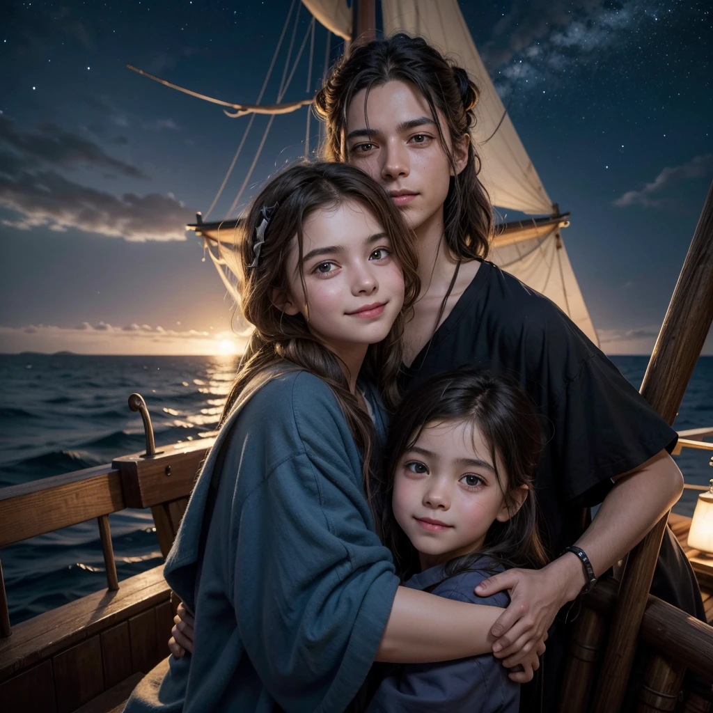 "On the bow of a pirate ship, under a peaceful starry sky, The two brothers, Thomas e Sofia, both , are hugging affectionately with their uncle Captain Bluebeard. Thomas, with a proud smile, look at Sofia, as she looks towards the horizon with an expression of wonder and courage. The calm sea reflects the full moon, creating a serene and welcoming scene."