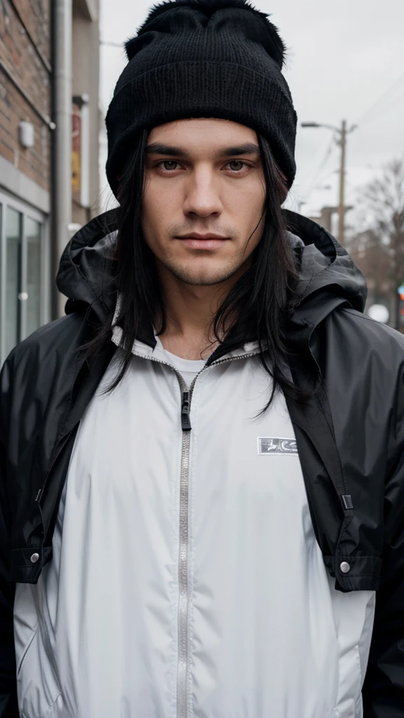 a white man with black hair, combed backwards, wearing a black beanie, with a chin full of long black hair, dressed in a waterproof jacket, looking straight at the camera, ID photo