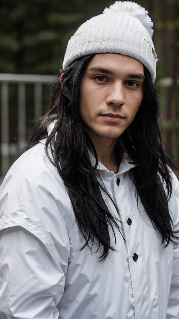 a white man with black hair, combed backwards, wearing a black beanie, with a chin full of long black hair, dressed in a waterproof jacket, looking straight at the camera, ID photo