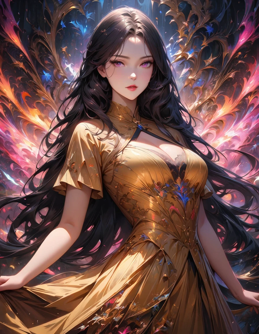 (Best quality,4K,A high resolution,masterpiece:1.2, fractal art:1.3),detailed,realistic,Beautiful girl,beautiful lady uniform,mesmerizing eyes,black long hair,fine features,elegant pose,Golden dress,a lot of decorations,unearthly beauty,glowing aura,fantastic atmosphere,soft lighting,bright colors