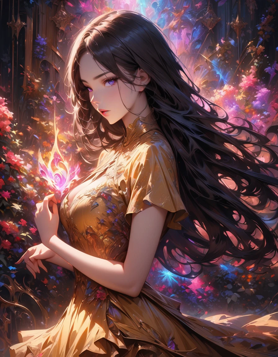 (Best quality,4K,A high resolution,masterpiece:1.2, fractal art:1.3),detailed,realistic,Beautiful girl,beautiful lady uniform,mesmerizing eyes,black long hair,fine features,elegant pose,Golden dress,a lot of decorations,unearthly beauty,glowing aura,fantastic atmosphere,soft lighting,bright colors