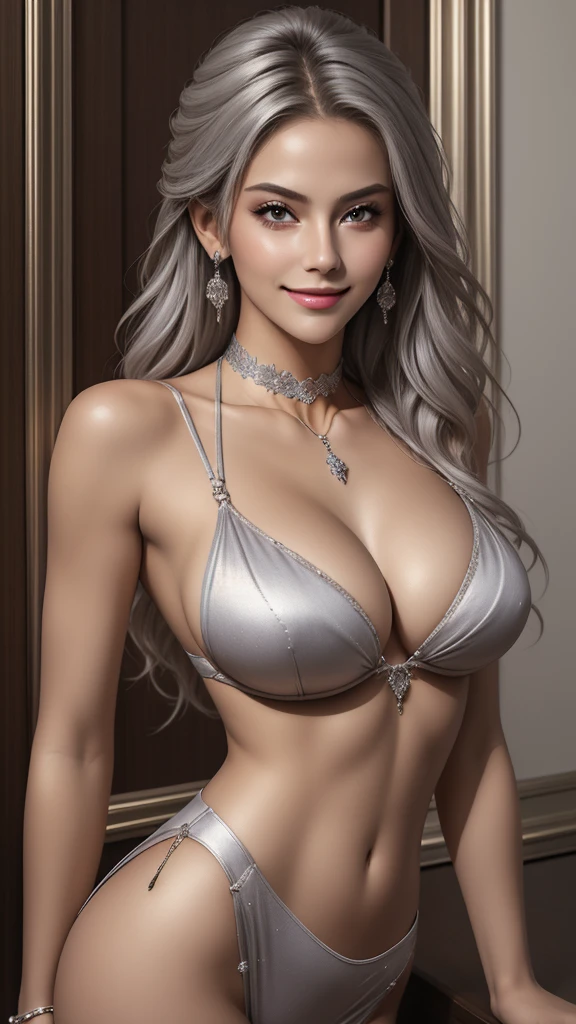 ((best quality, masterpiece)), detailed, realistic, 1woman, cool, sexy, beautiful, sensual, sexual, fancy beautiful sleeveless stylish diamond micro bikini, choker, long stylish platinum silver hair, dark shades, smug smile, cleavage, perfect firm tight breasts