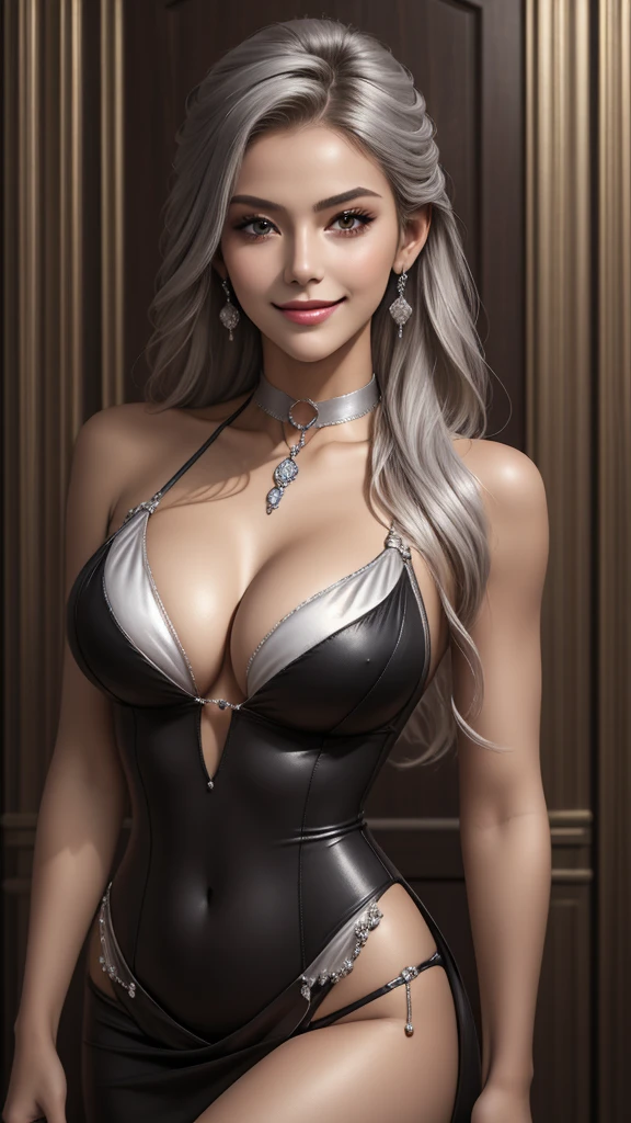 ((best quality, masterpiece)), detailed, realistic, 1woman, cool, sexy, beautiful, sensual, sexual, fancy beautiful sleeveless stylish diamond micro bikini, choker, long stylish platinum silver hair, dark shades, smug smile, cleavage, perfect firm tight breasts