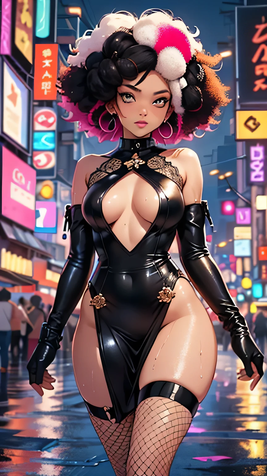 girl spacepunk,(((1girl))),((cute and beautiful afro haired girl)),((((black race)))), (large breasts:1.4),saggy breasts,((((hot pink afro hair:1.35,((afro hair:1.35)),afrohair,afro:1.35,dark hair,black hair,Double hair bun:1.3)))),medium hair,((heterochromia:1.5, (yellow_eye and red_eye))),intricate eyes,beautiful detailed eyes,symmetrical eyes,((fat)),((((tan,dark skin,black skin:1.35,dark-skinned_female,dark skin:1.3,ebony skin,lustrous skin:1.5,bright skin: 1.5,shiny skin,very shiny skin,shiny body,illuminated skin,wet legs)))),(spider lower abdomen,narrow waist,wide hip,athletic body,inflated legs),(((detailed face))), cute,slutty,sensual,seductive look,seductive,erotic,enchanting,((nsfw)), revealing clothing,show skin,(((neon green fishnet dress))),((slave collar)),(((wet clothes,intricate outfit,intricate clothes))), (dynamic pose:1.0),solo focus,embarrassed,(centered,scale to fit dimensions,Rule of thirds), cyberpunk city by the ocean at night, with bright neon signs and dark stormy clouds and puddles, scenery:1.25, artistic photography,(photography taken by sldr),highres, sharp focus, (ultra detailed, extremely detailed), (photorealistic artwork:1.37),(extremely detailed CG unity 8k wallpaper),((synthwave background theme)),(((vibrant colors))),(intricate background),(masterpiece),(best quality),
