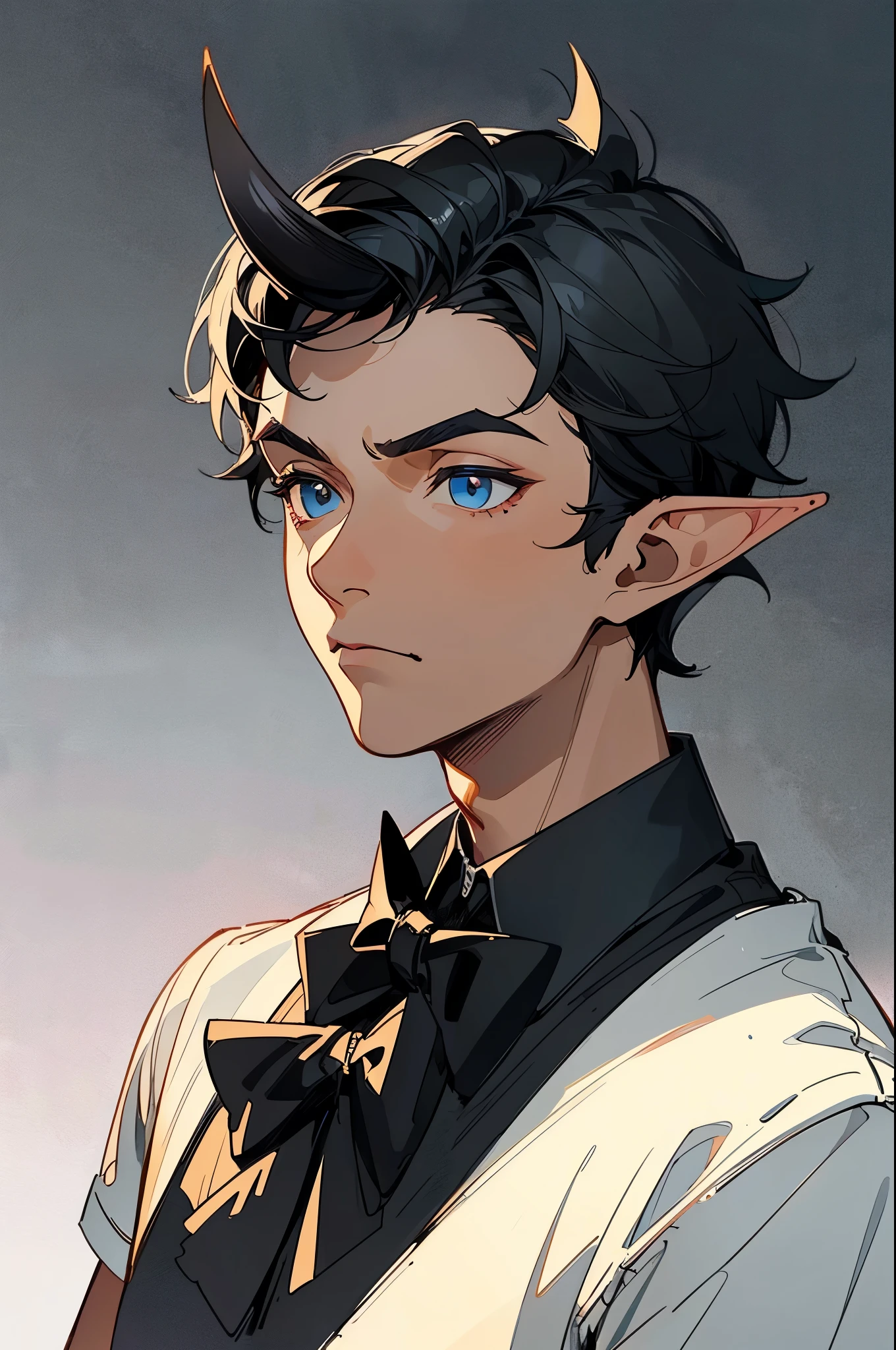 1boy,20,mature male,solo,serious,((dark skin)),((black shirt,short sleeves,black bow tie)),Short hair,black hair,elf ears,(horns),(white background, line drawing),portrait