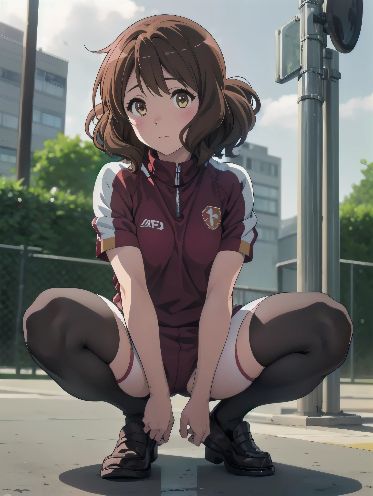 (Realistic, photo Realistic:1.2), ((Highest quality)), Shift the center of gravity backwards, Quite embarrassing, You_Kumiko_Sound Euphonium, brown_hair, short_hair, brown_eye, blush, Seraphim, 前hair, Bloomers, Gym suit, sports boots, (Sit on the ground:1.4), Place your heels on the ground, (Spread your legs:1.2), Squat with your knees raised, Attach your butt to the ground, black penny loafers, Beautiful facial details, Real human skin, Gentle expression, Front view, angle From below, Realistic, photoRealistic, Squatting in the schoolyard, whole body, (Looking at the audience:1.2), from before, From below,