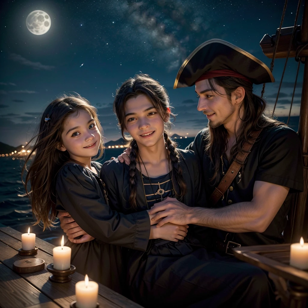 "On the bow of a pirate ship, under a peaceful starry sky, The two brothers, Thomas e Sofia, both 10 years old, are hugging affectionately with their uncle Captain Bluebeard. Thomas, with a proud smile, look at Sofia, as she looks towards the horizon with an expression of wonder and courage. The calm sea reflects the full moon, creating a serene and welcoming scene."