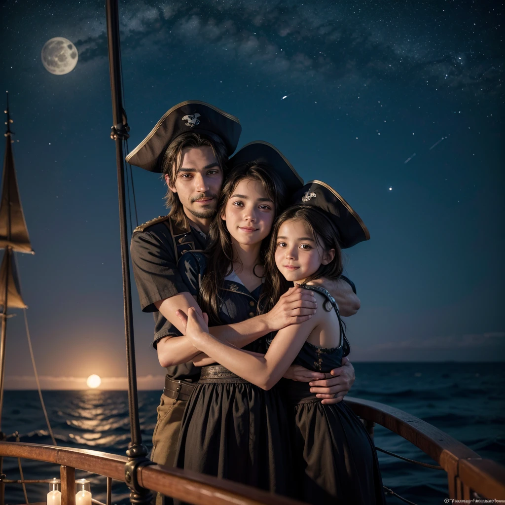 "On the bow of a pirate ship, under a peaceful starry sky, The two brothers, Thomas e Sofia, both , are hugging affectionately with their uncle Captain Bluebeard. Thomas, with a proud smile, look at Sofia, as she looks towards the horizon with an expression of wonder and courage. The calm sea reflects the full moon, creating a serene and welcoming scene."