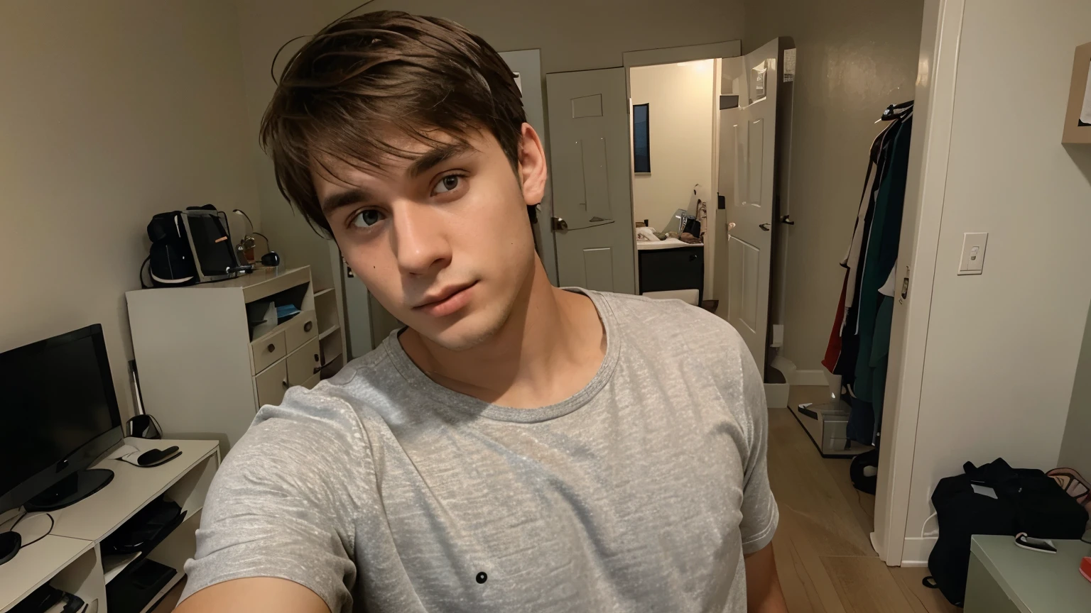 Selfie of a young 25 year old guy in casual clothes in his room and focus on the torso