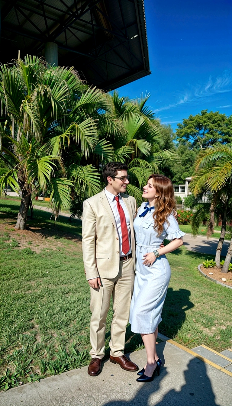 Create a Pixar-style poster titled &#39;The Tobias&#39; she is brunette, shoulder length curly hair, smiling, usando um vestido, And he's a media mulatto , wearing glasses and suit, smiling in a floral setting with vibrant Disney Pixar colors and textures with a couple. digital art should evoke the style of Pixar, Reminiscent of animated features. Focus on the characters&#39; expressions, swirly vibrant colors, and highly detailed textures