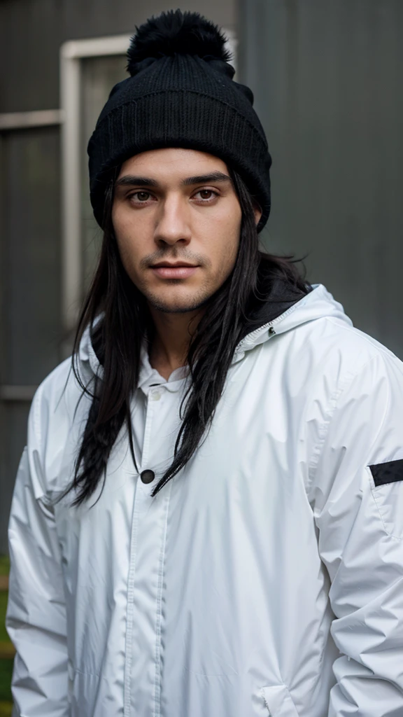 a white man with black hair, combed backwards, wearing a black beanie, with a chin full of long black hair, dressed in a waterproof jacket, looking straight at the camera, ID photo, green background