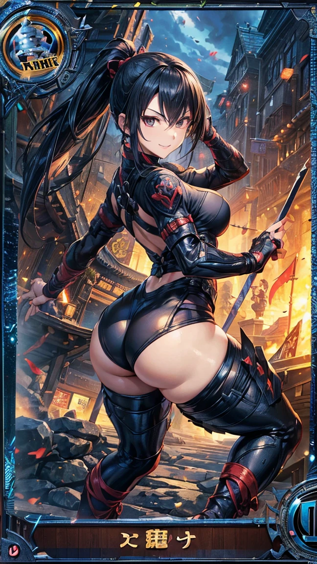 (1 mature female ninja,Age 35), ((Pub,guild)),(smile),Dynamic pose,Dynamic Angle,Pose for a photo,From below,Elderly woman、Trading Card Game Frames、Highest Rare、Five Fingers、Signature mark、Big Butt、Black Hair、Fighting Pose、Ninja costume、Full Body Suit