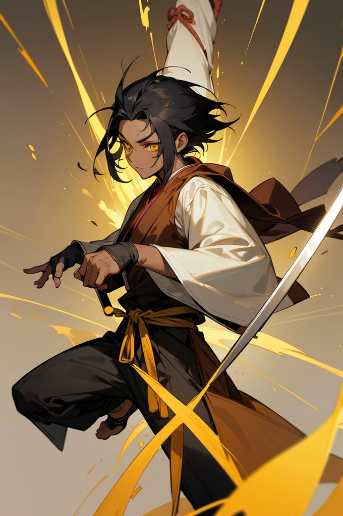 (high-quality, breathtaking),(expressive eyes, perfect face) 1boy, male, solo, young adult, black hair, dreadlocks, yellow eyes, short hair length, dark skin, soft serious expression, Monk profession, martial artist, well built body, pants, knuckle bandages, gloves, environment background, fantasy clothing, fantasy attire, one sleeve robe, DnD Monk Class, oriental monk, half body, ancient Chinese swordsman hanfu, body tattoos, tribal body art, wuxia, black and gold clothing palette