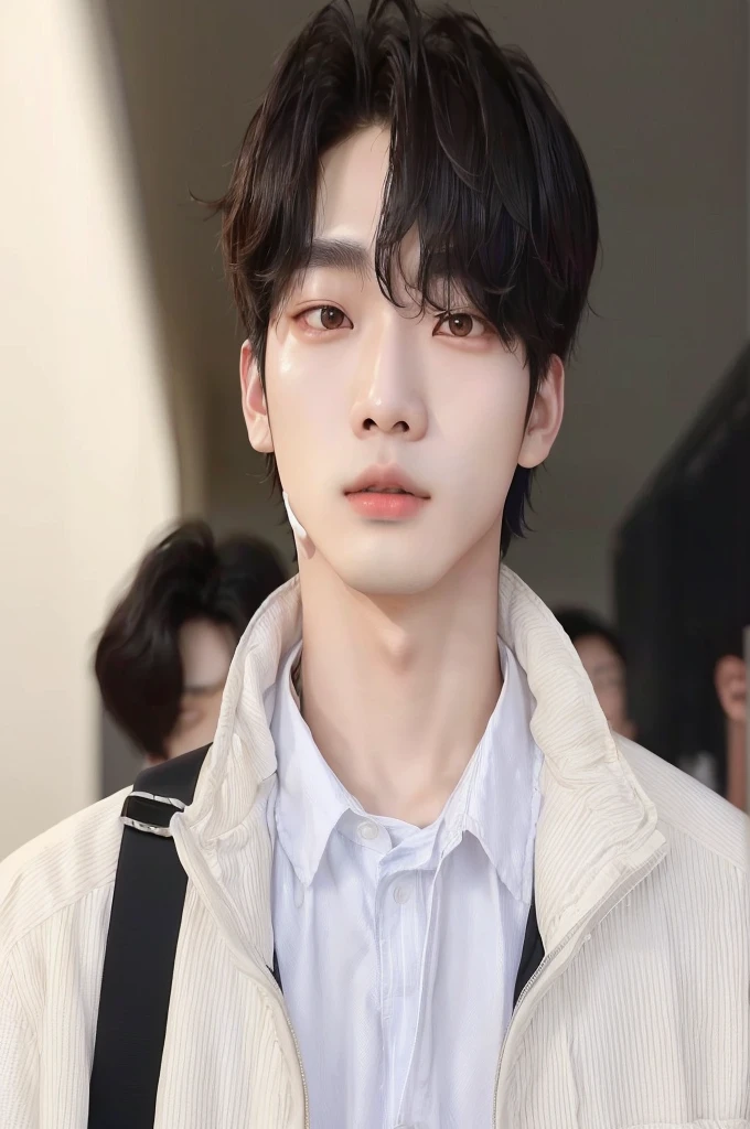 araffed asian man with a backpack and a white shirt, cai xukun, jinyoung shin, kim doyoung, jung jaehyun, taejune kim, shin jeongho, wonbin lee, hyung tae, jungkook, sakimichan, taken in the early 2020s, he has short curly brown hair, south korean male, hyung tae kim